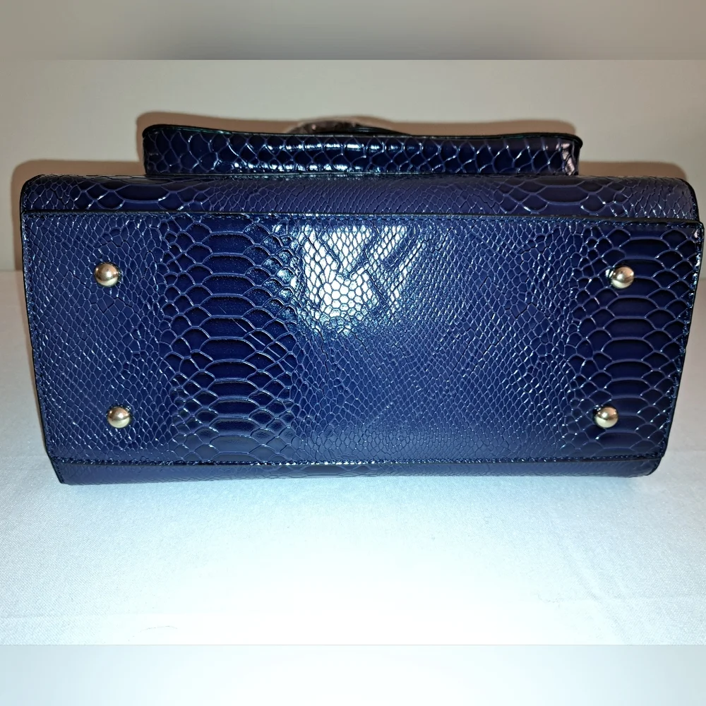 Navy Blue Faux Snake Embossed Tote, Gold Hardware, Shoulder Strap Included, NEW! - Picture 13 of 14